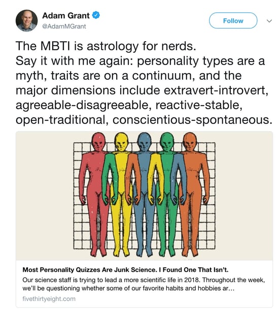 Author, speaker and Wharton professor Adam Grant has his own opinion on MBTI.