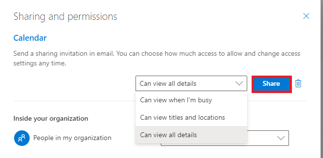 share outlook calendar: access levels