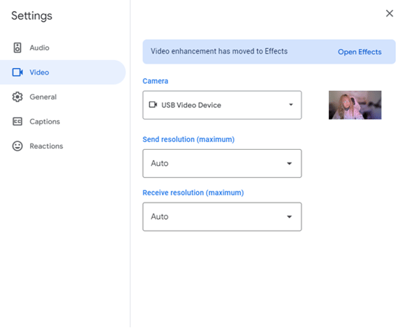 Google Meet Video Settings