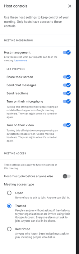 Google Meets Host Settings