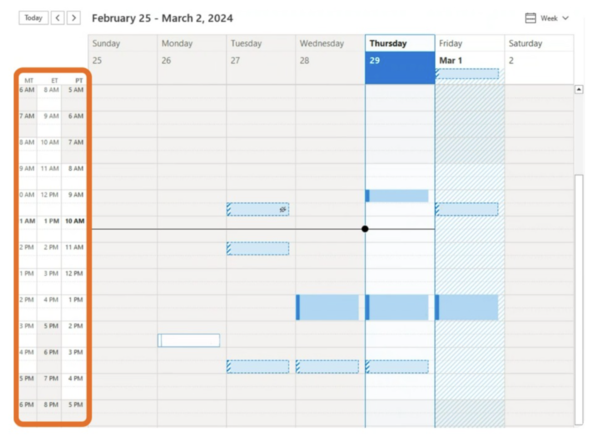 Calendar with multiple time zones