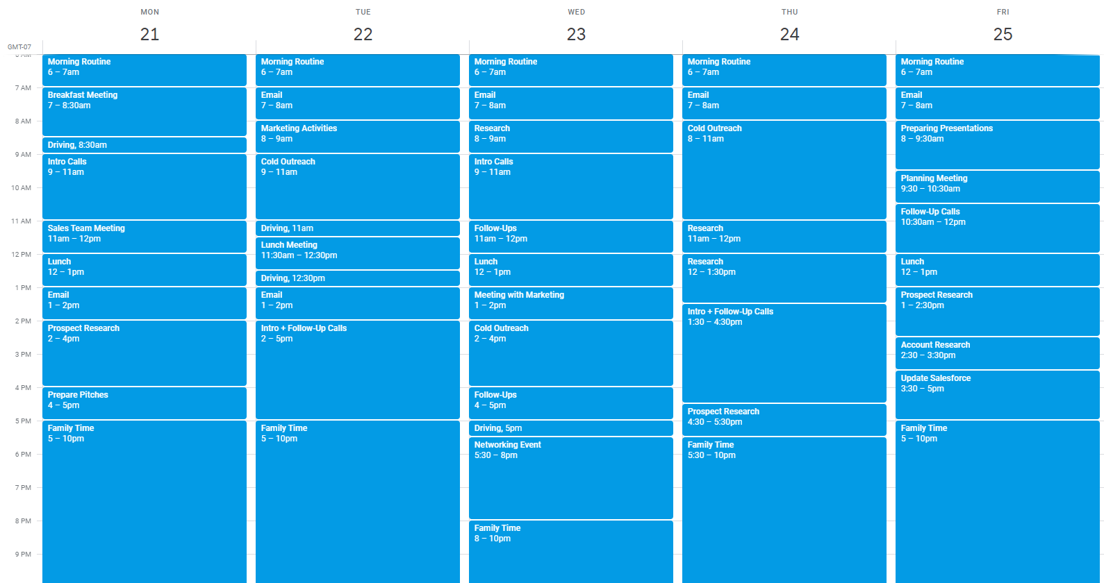 Photo of a calendar with every hour of the day blocked off.