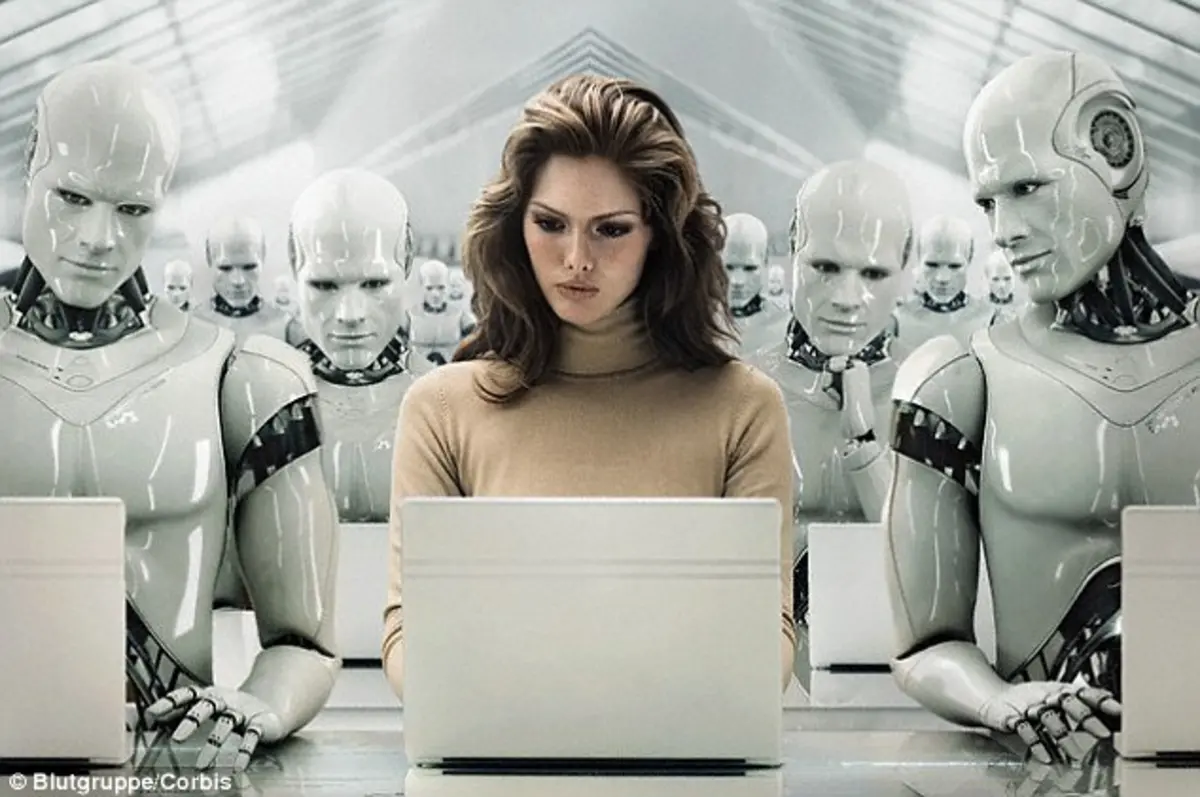 photo of a human working alongside several AI robots
